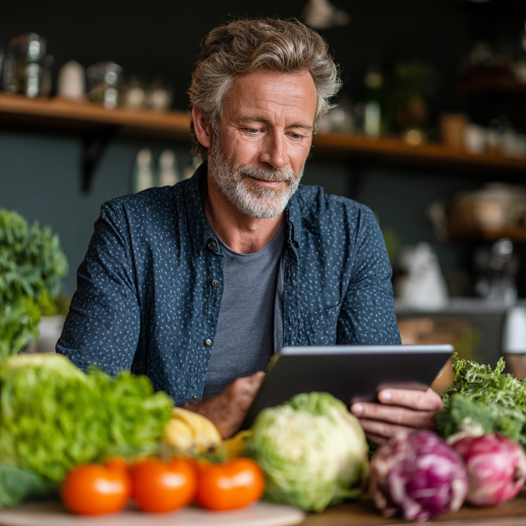 Confident middle-aged man in his early 50s with gray hair, wearing casual home clothes, using a tablet to plan healthy meals while sitting at a dining table with fresh fruits and vegetables around him