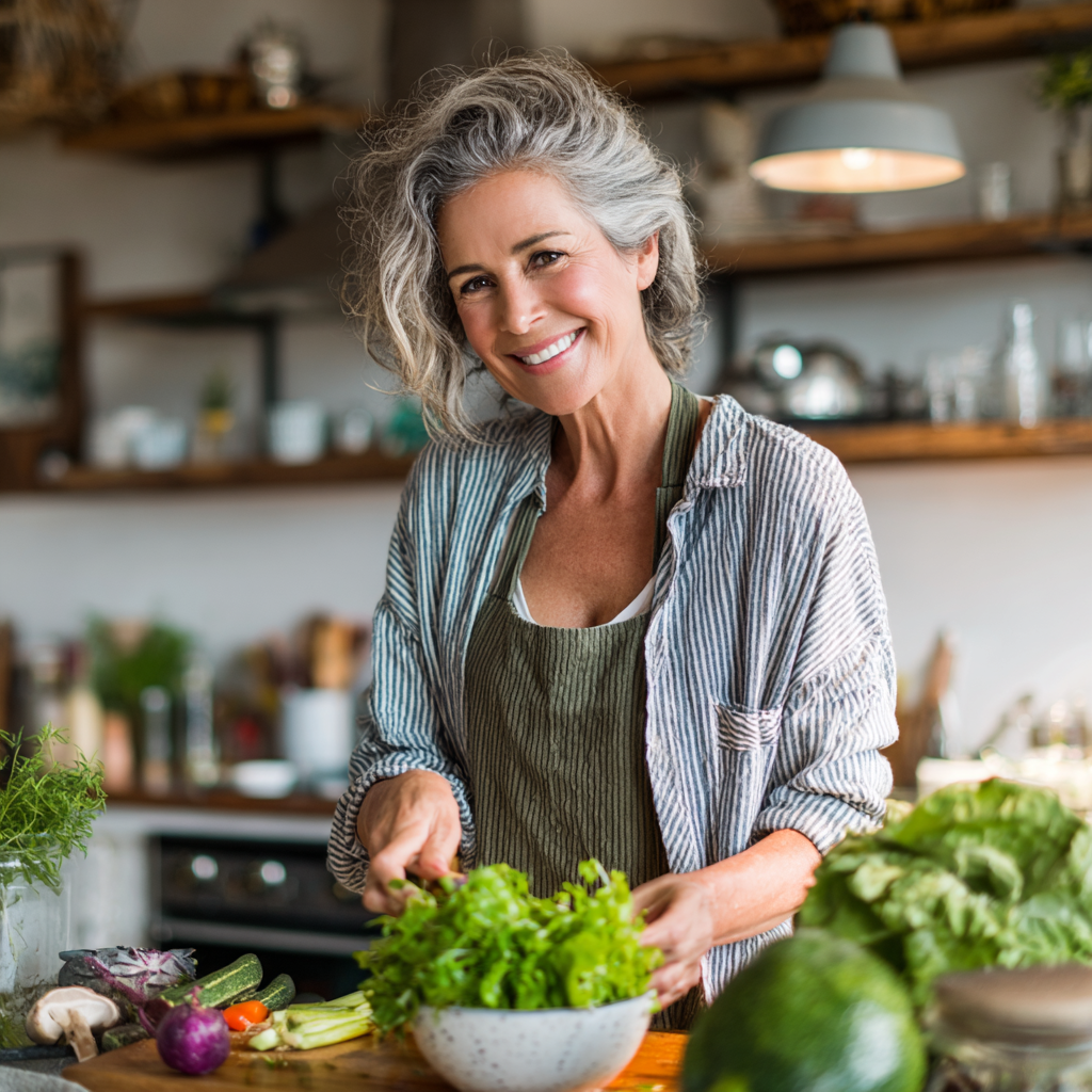 Smiling mature woman in her late 40s preparing a healthy vegetable salad in a bright modern kitchen, holding fresh greens and vegetables